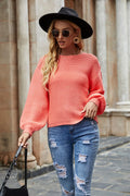 Round-neck lantern-sleeve sweater, strawberry pink