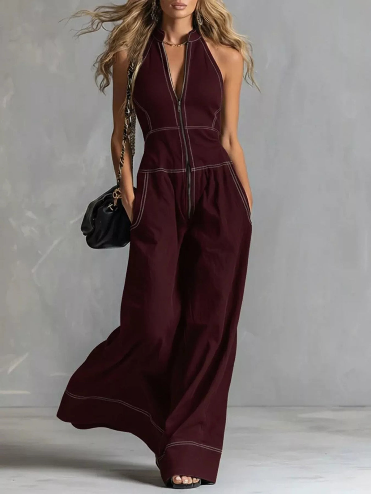 Zip-front sleeveless wide-leg jumpsuit, wine red with front zipper and contrast trim