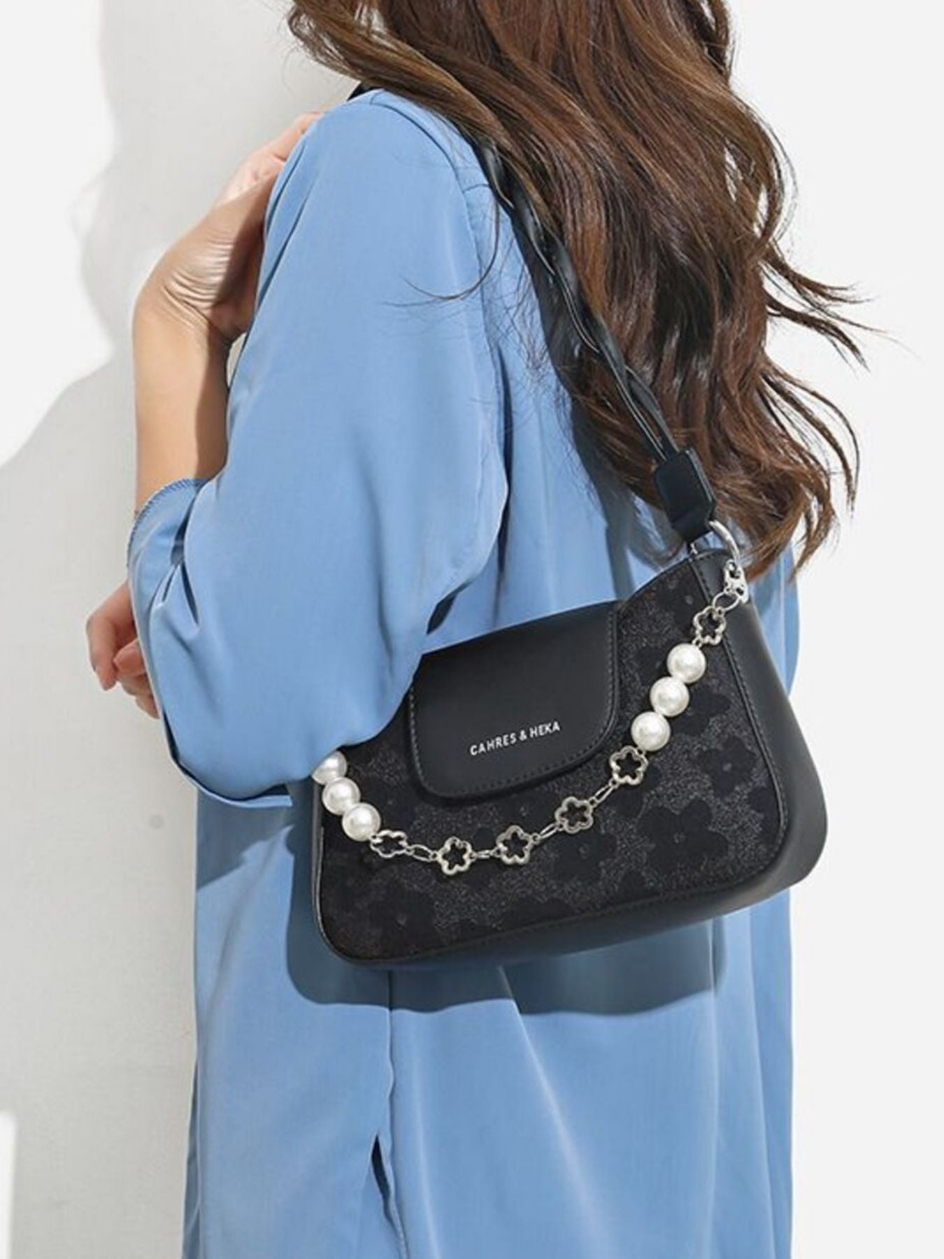 Pearl Chain Decor Shoulder Bag, mini black PU with pearl chain, CAHRES & HEKA