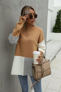 Tan and light-gray color-block round-neck sweater with dropped shoulders, long sleeves