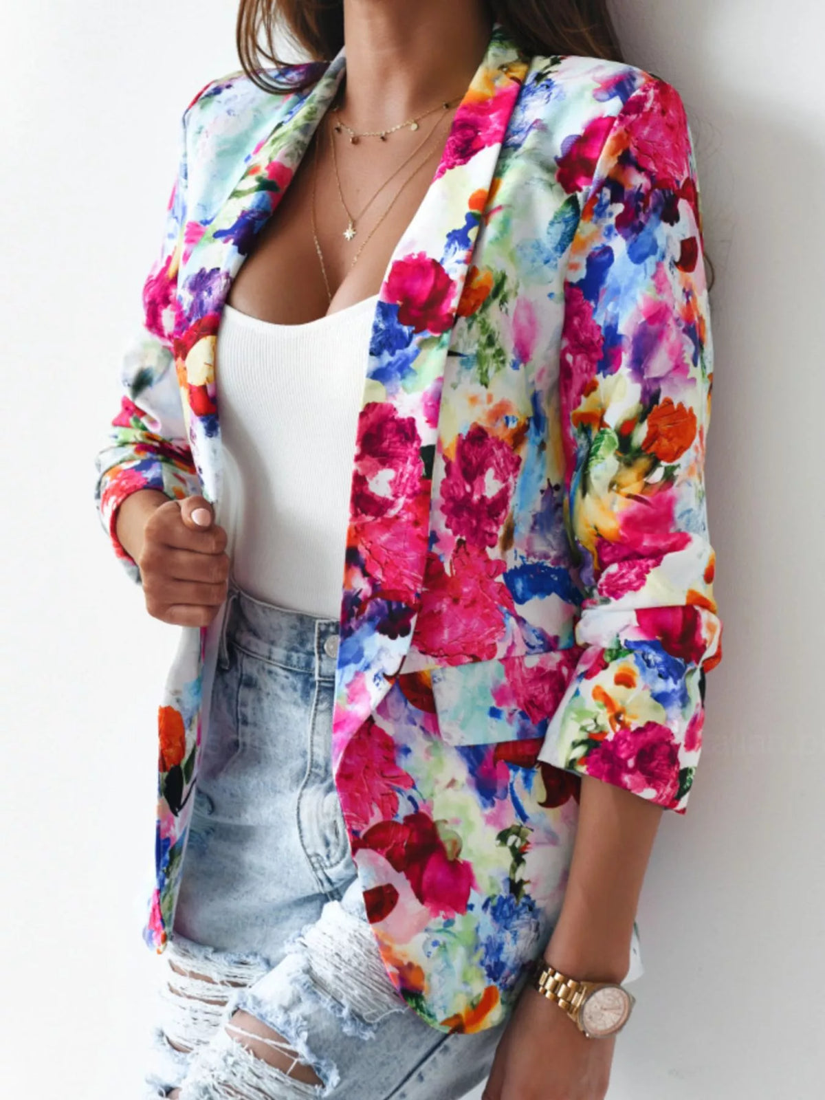 Floral open-front blazer, colorful watercolor pattern, front pockets