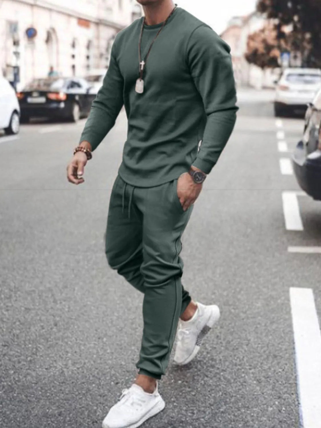 Men's long-sleeve crew-neck top and jogger pants set, deep teal