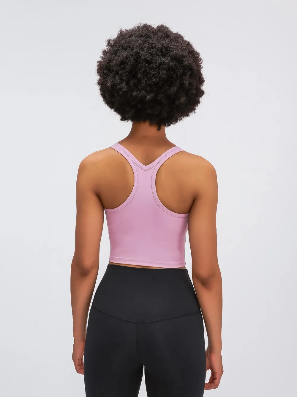 Lavender active scoop-neck tank top, back view with racerback straps