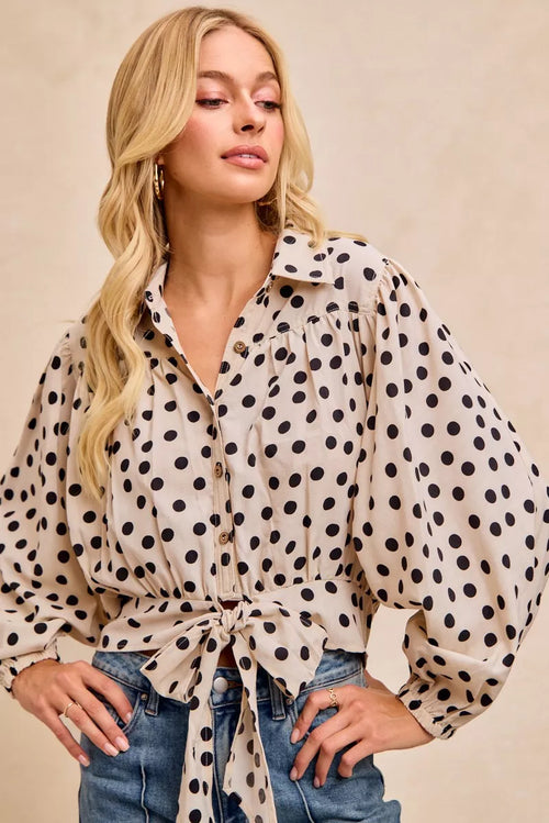 Cream polka dot crop shirt with long puff sleeves and tied waist detail