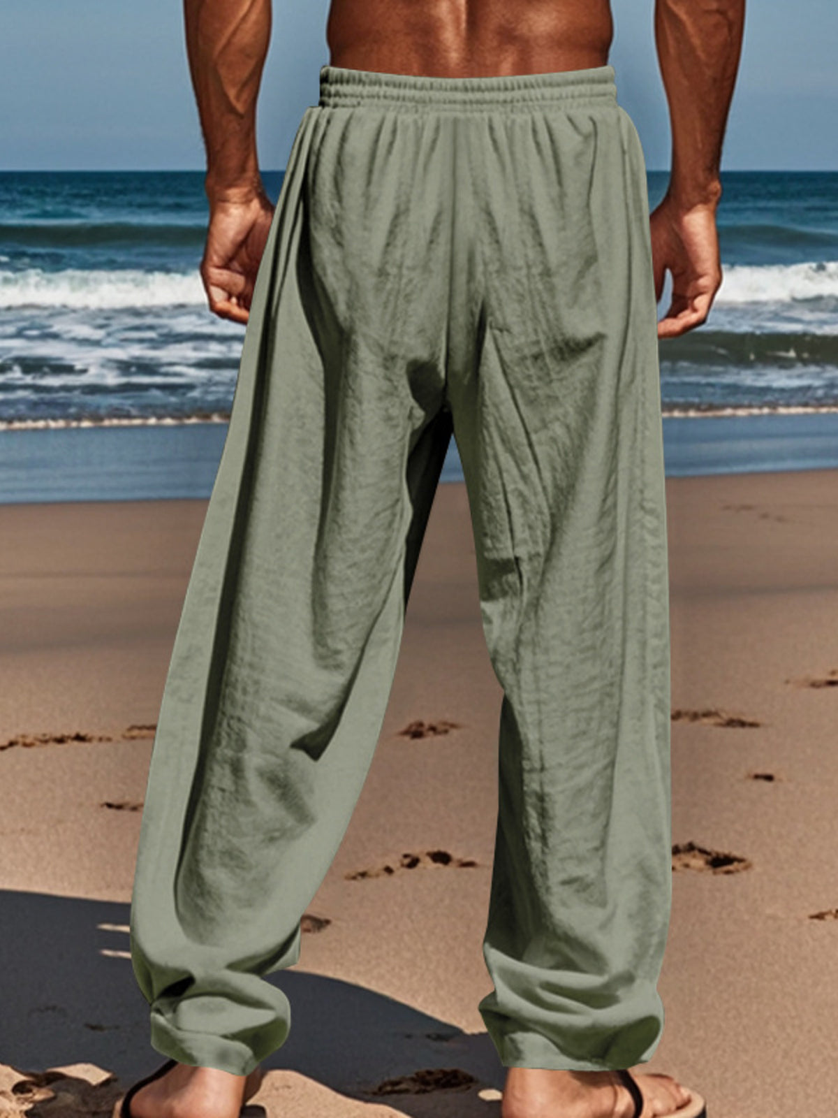 Gray green drawstring pants with elastic waistband, relaxed straight-leg fit