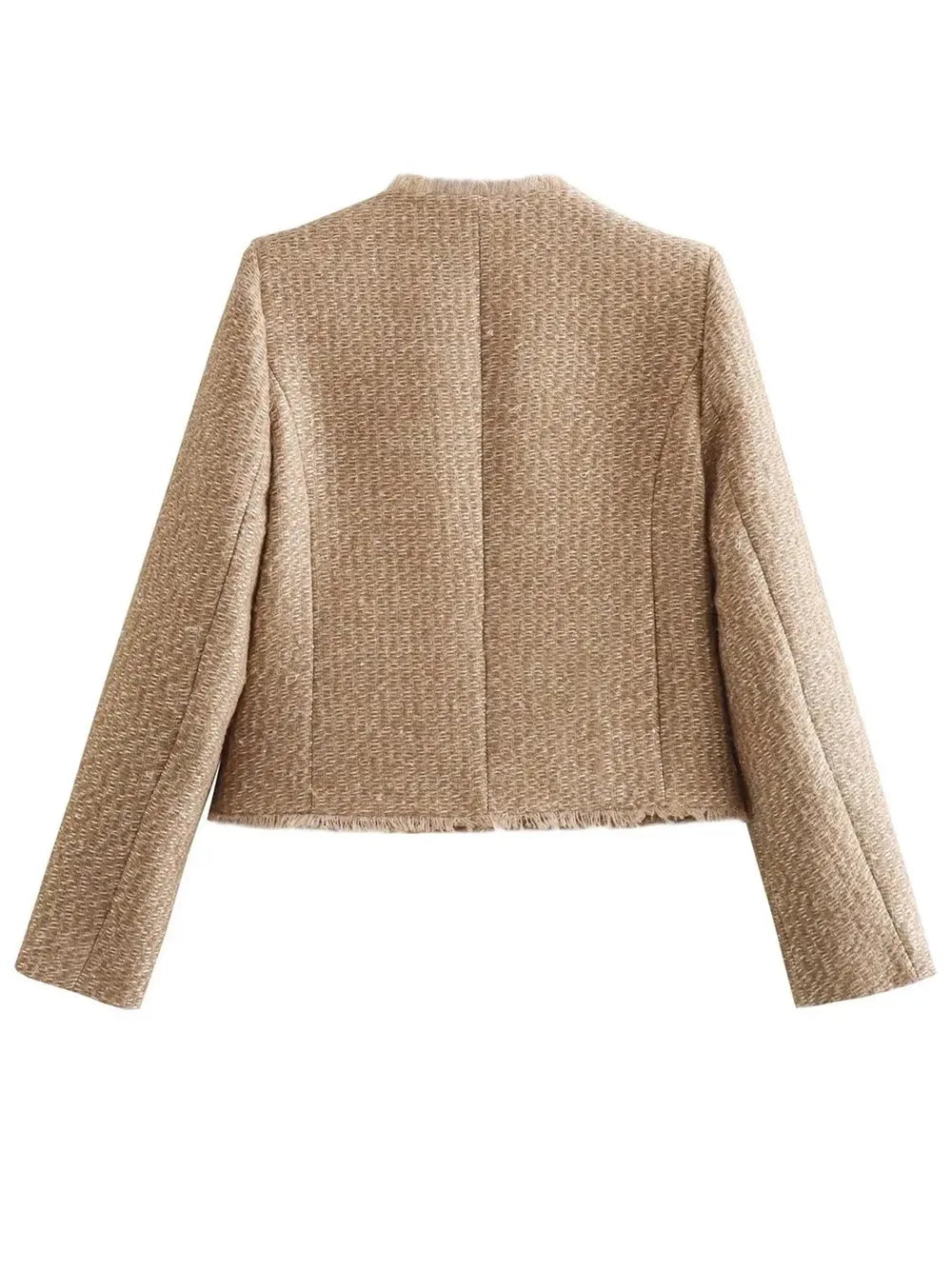 Camel tweed cropped jacket, back view with long sleeves and raw edging