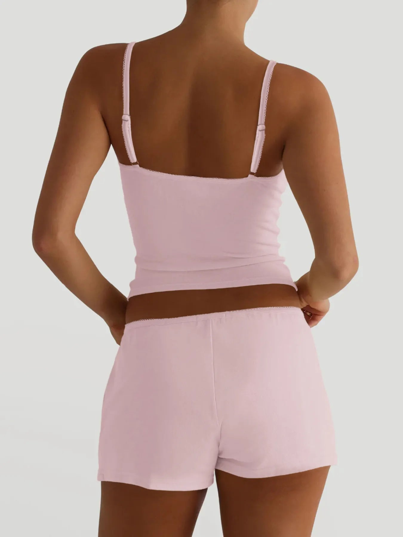 Pink V-back cami and matching shorts set with adjustable straps