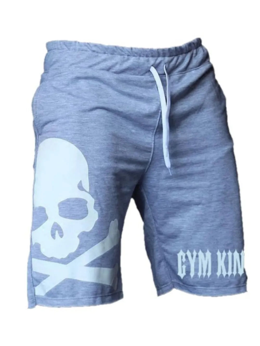 Skull drawstring shorts, light gray with skull logo, drawstring, and GYM KIN print
