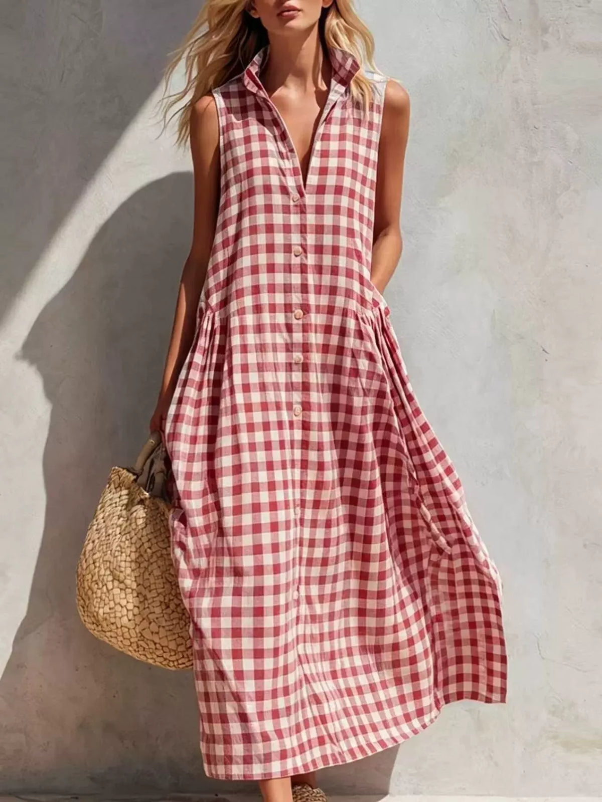 Red gingham sleeveless button-down midi dress with collar and front button placket