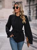 Black round-neck long-sleeve blouse with tie waist and gathered neckline