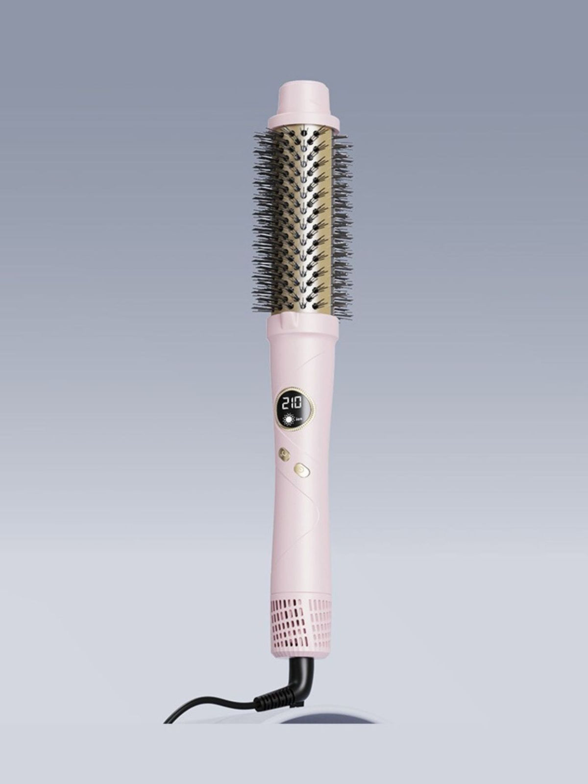 Pink hot air volumizing hairbrush with round bristle barrel and power dial