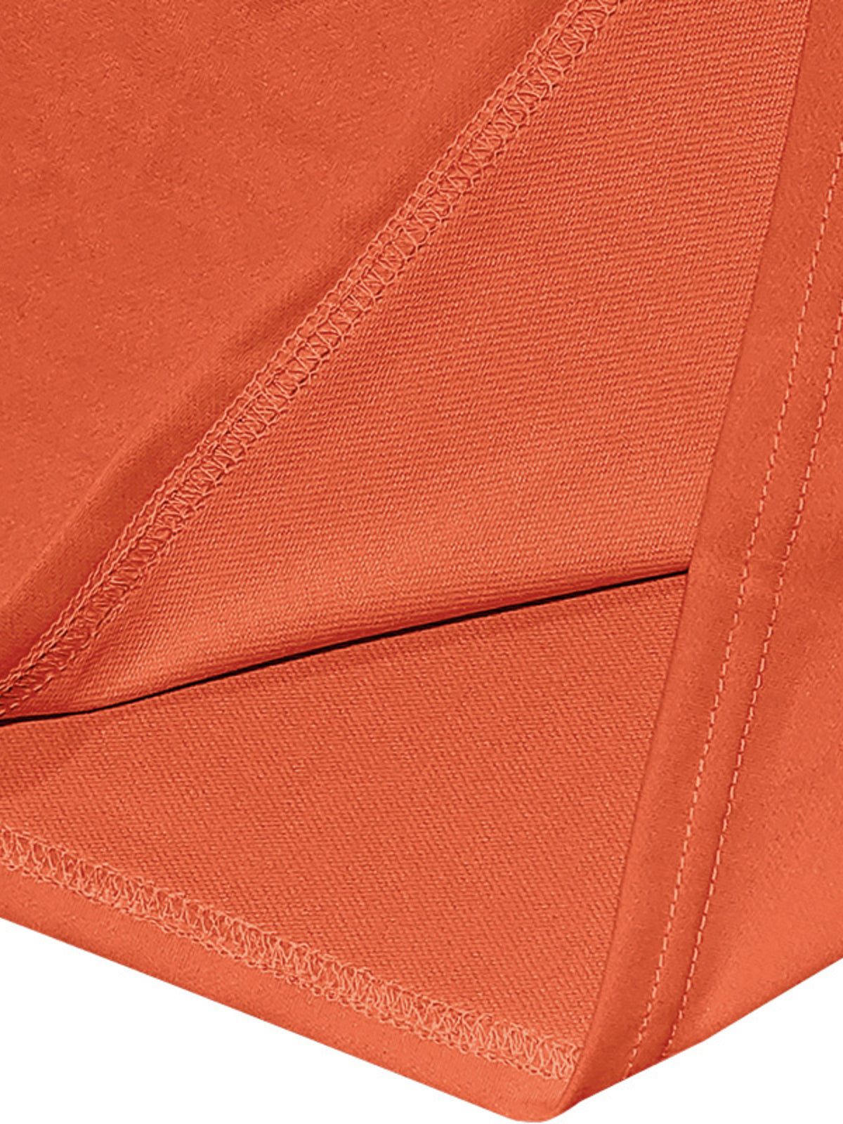 Orange fabric close-up of matching stretch tee and shorts stitching and hem detail.