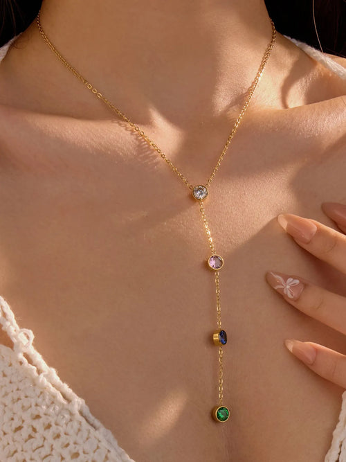 Gold-plated zircon Y-drop necklace with pink, blue and green stones