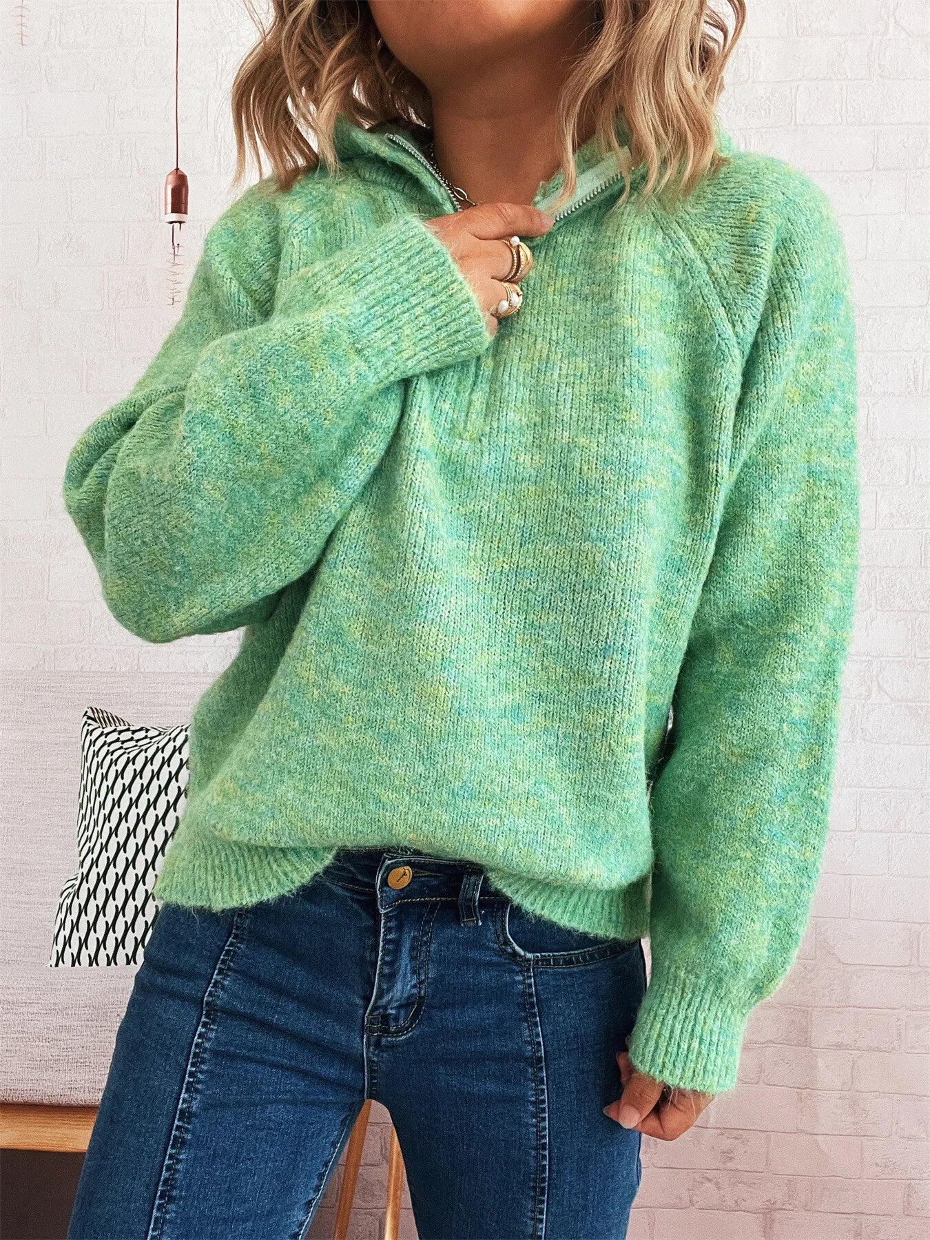 Green quarter-zip ribbed hem sweater with half-button placket, long sleeves