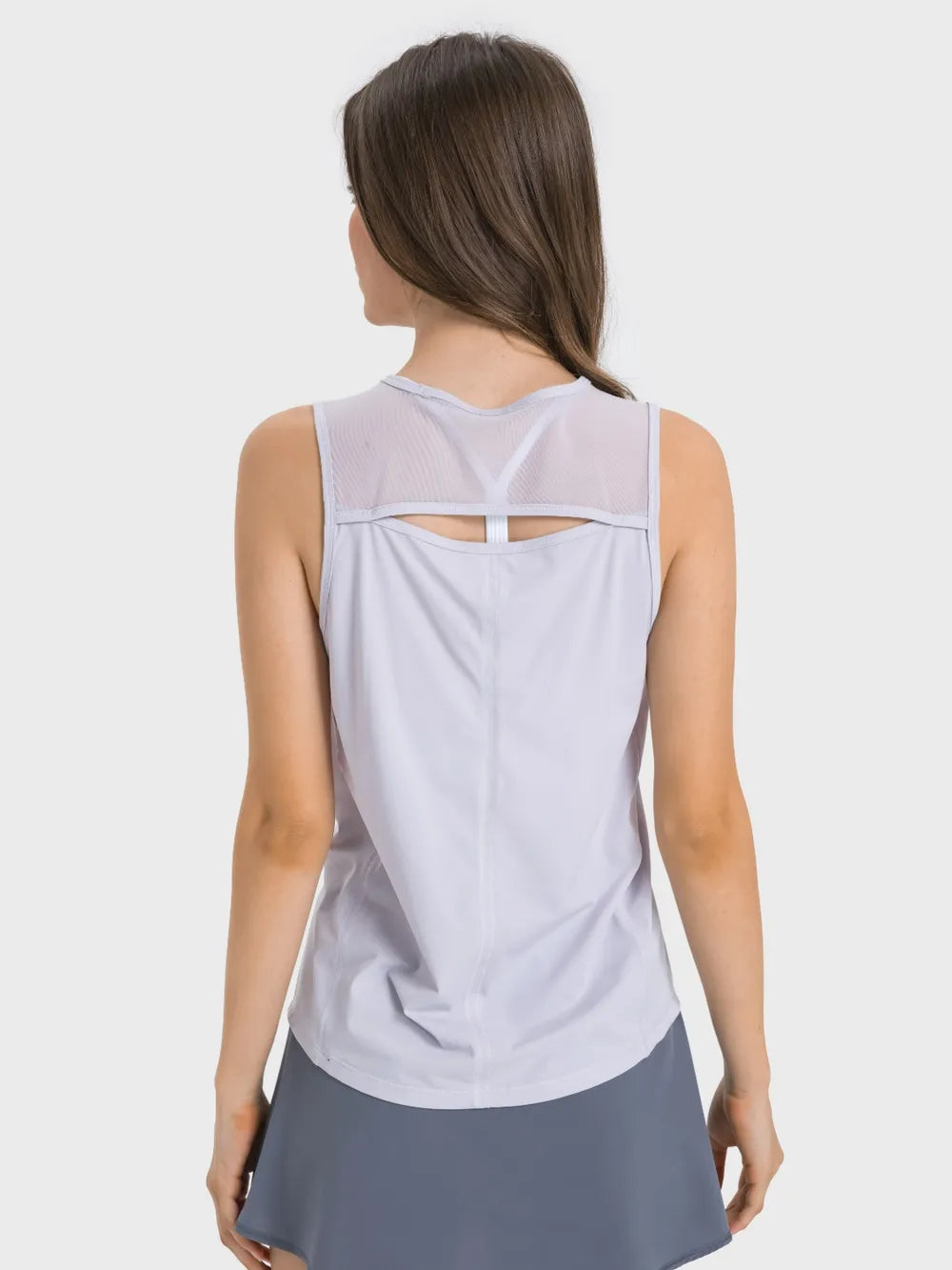 Back cutout active tank top with round neck, sleeveless, white