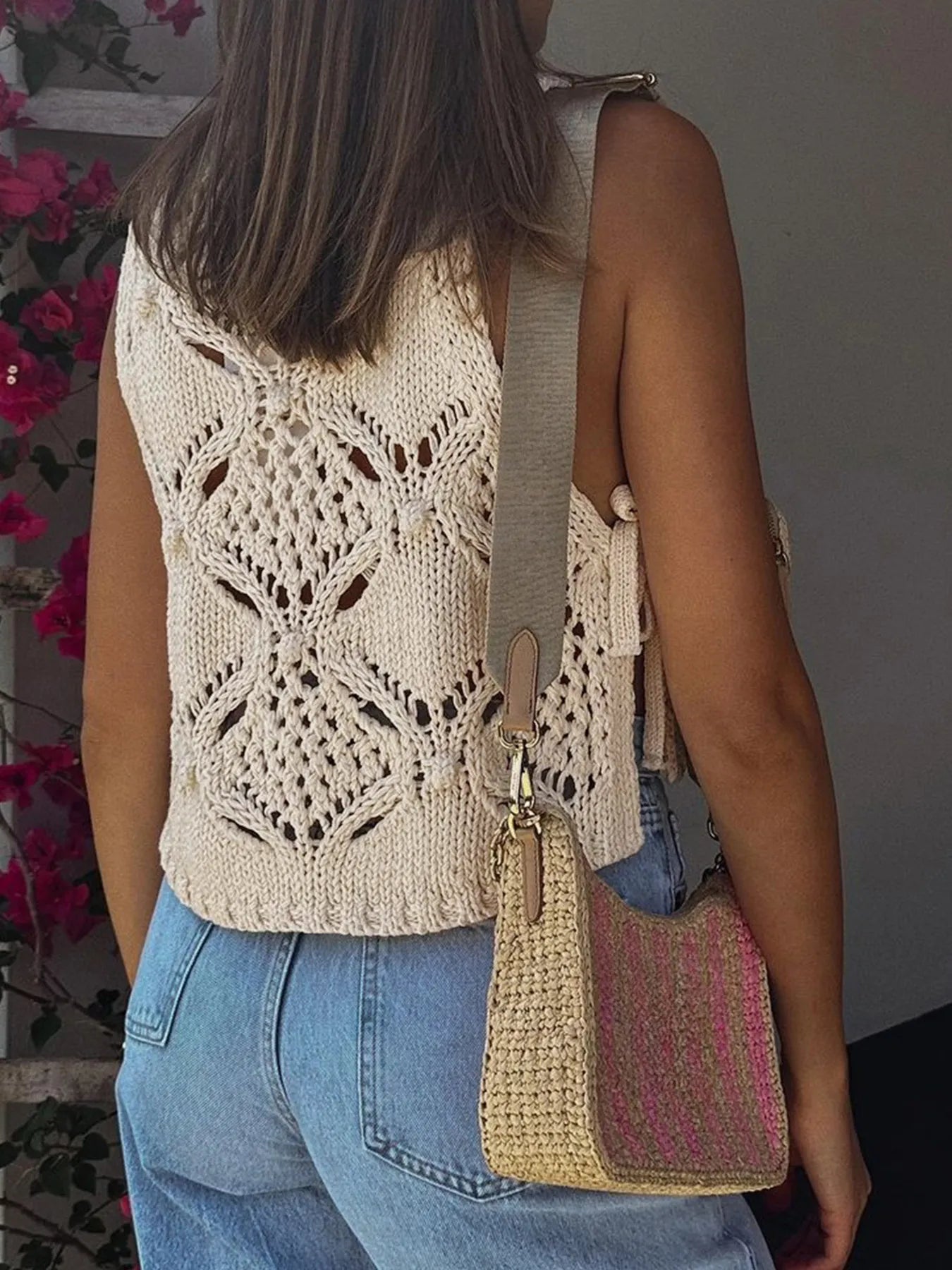 Apricot crochet hollow-out sleeveless sweater vest, scoop neck with textured openwork