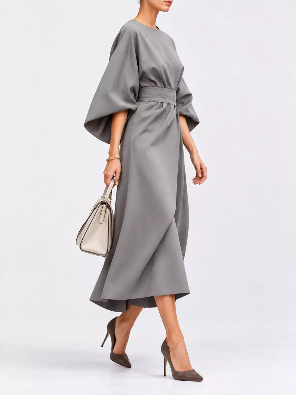 Gray kimono-sleeve belted midi dress with high waist and gathered tie waist.