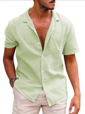 Men's light green short-sleeve button-up shirt with open collar and front buttons
