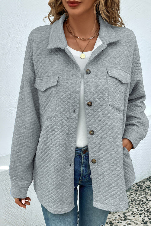 Quilted button-up collared jacket with chest pockets, gray-blue, long sleeves
