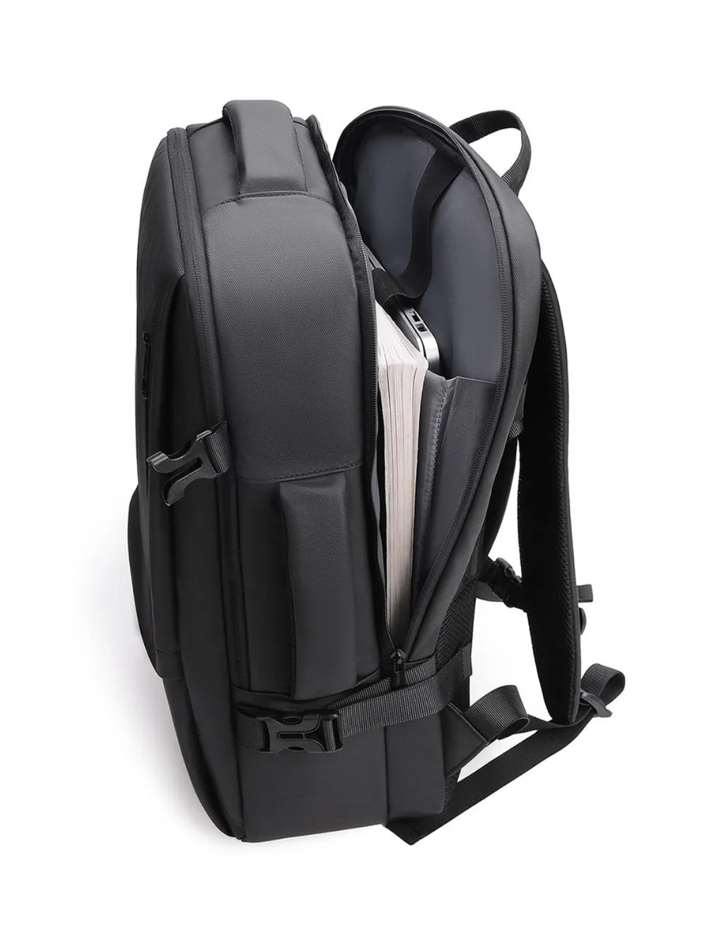 Black backpack with front zip pocket, side compartments, and adjustable shoulder straps.