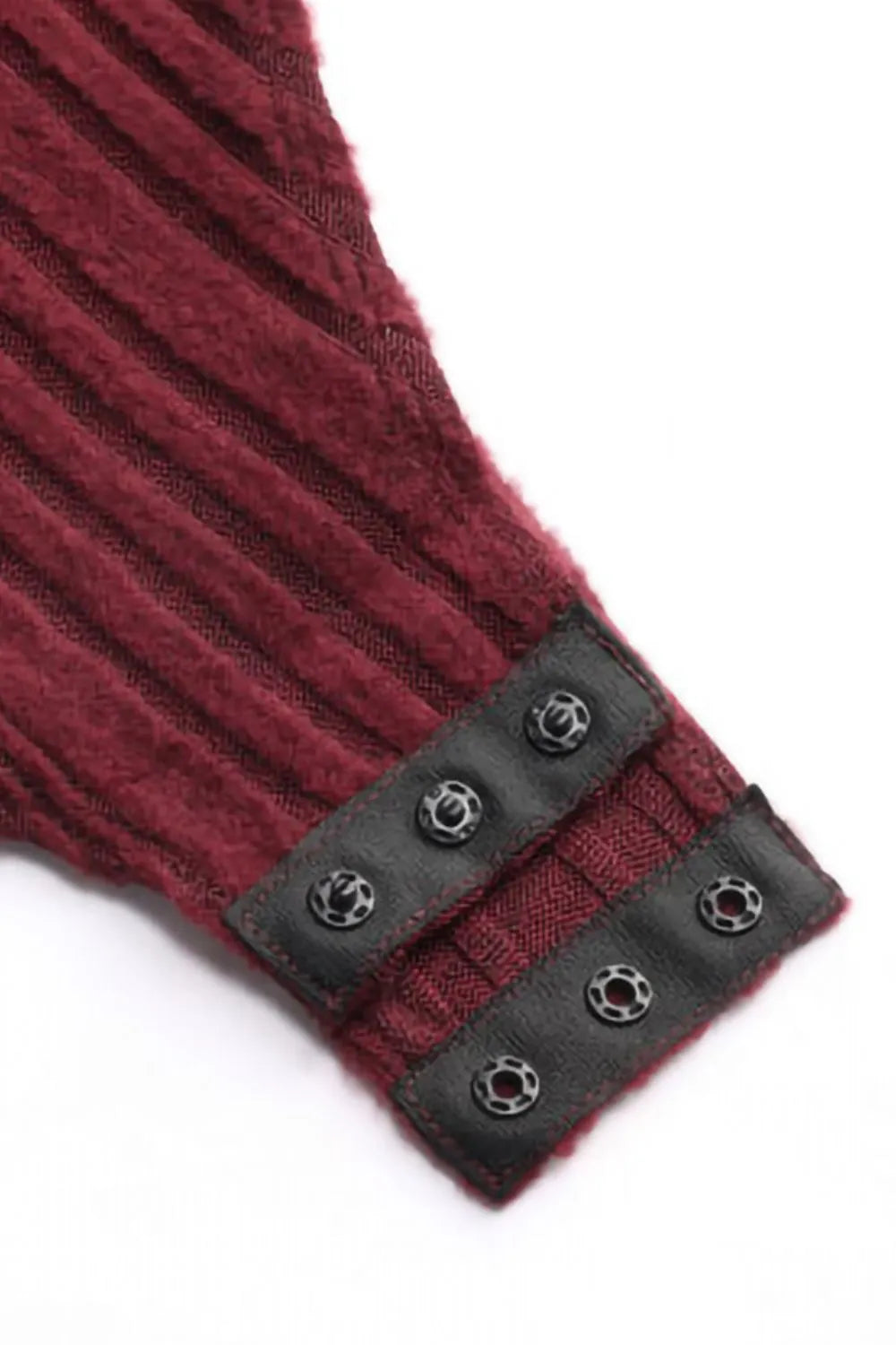 Deep red ribbed bodysuit sleeve cuff with black snap buttons and trim