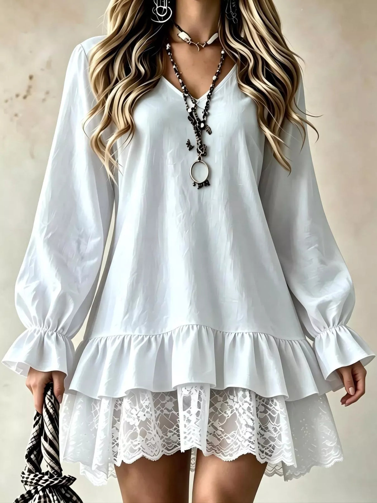 White V-neck flounce sleeve dress with puff cuffs and lace hem overlay