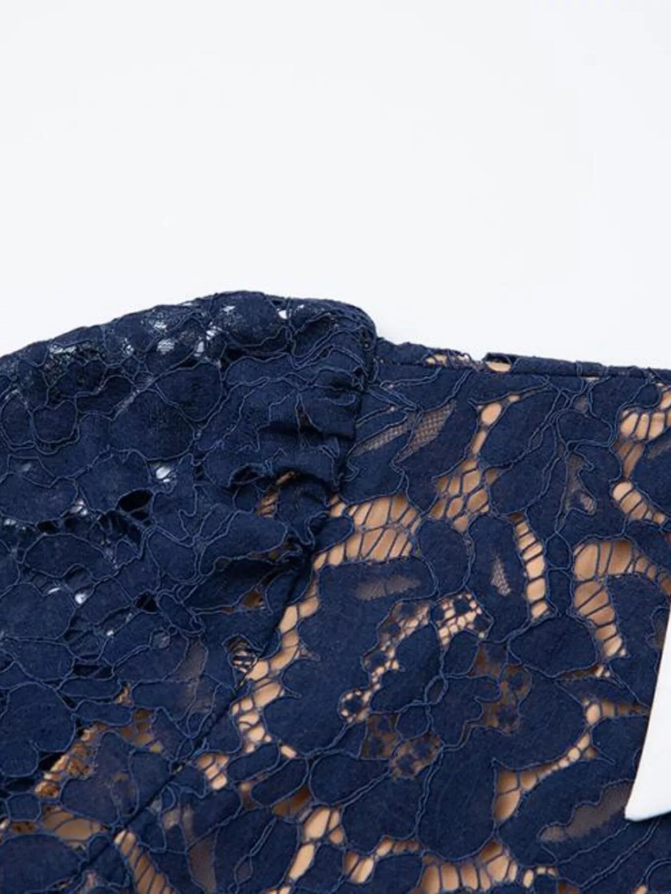 Cedar & Moore Lace Button-Down Midi Dress in navy lace fabric