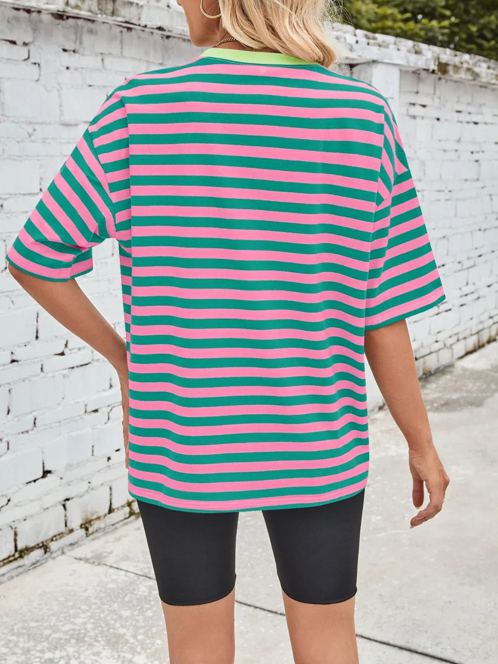 Green striped round-neck T-shirt with pink half sleeves, back view