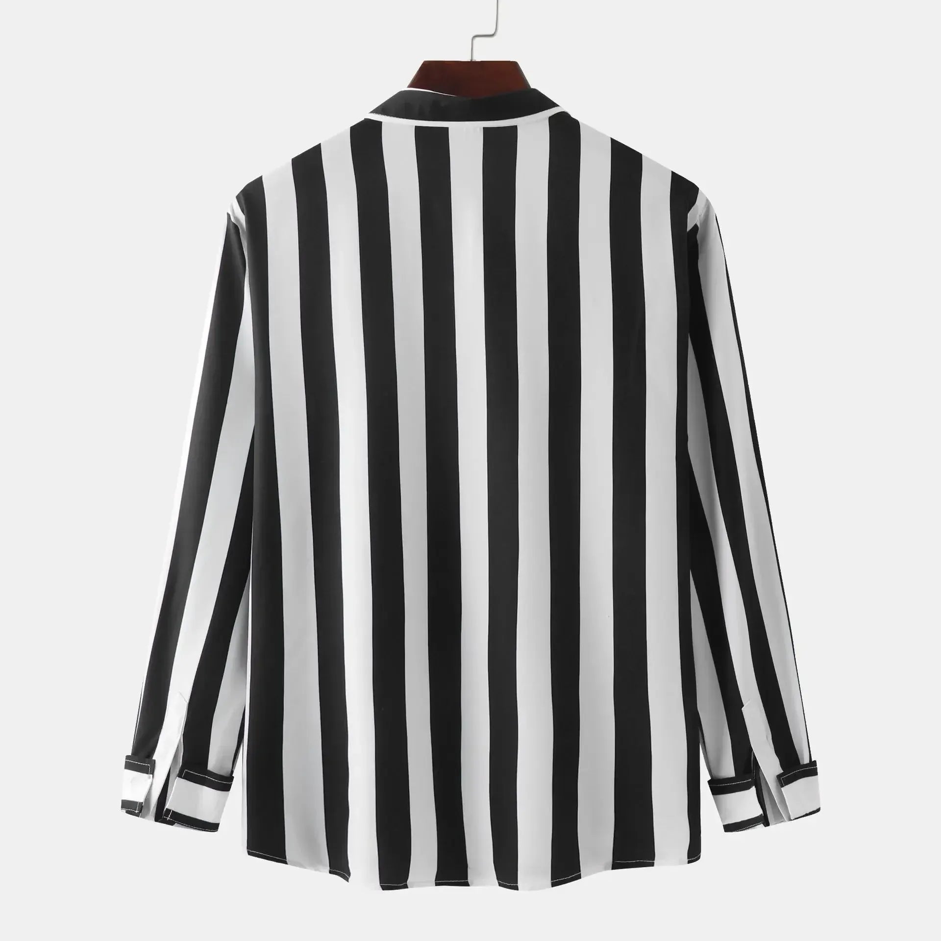 Black-and-white striped button-down long-sleeve shirt, back view, button front