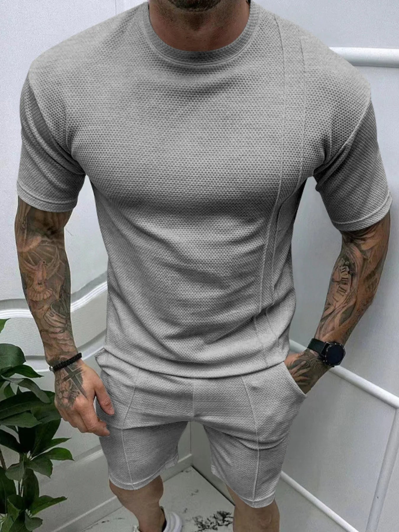 Khaki men's round-neck tee and elastic-waist shorts set