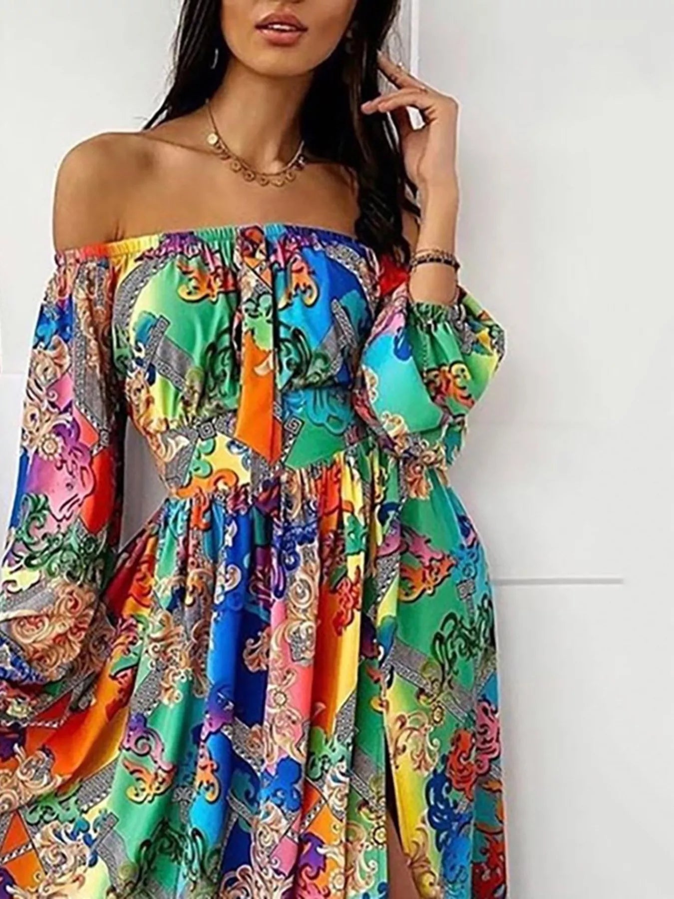 Multicolor printed off-shoulder maxi dress with long sleeves and side slit