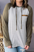 Plus-size striped long-sleeve hoodie, moss sleeves, striped body, hood, kangaroo pocket.