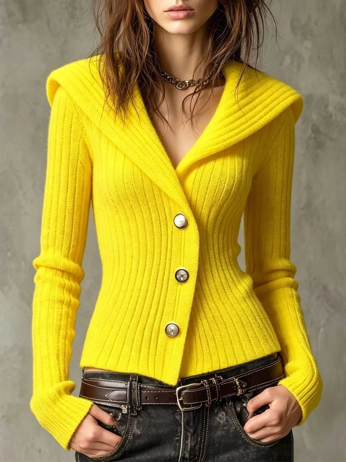Yellow ribbed knit button-front cardigan with hood and four metal snap buttons