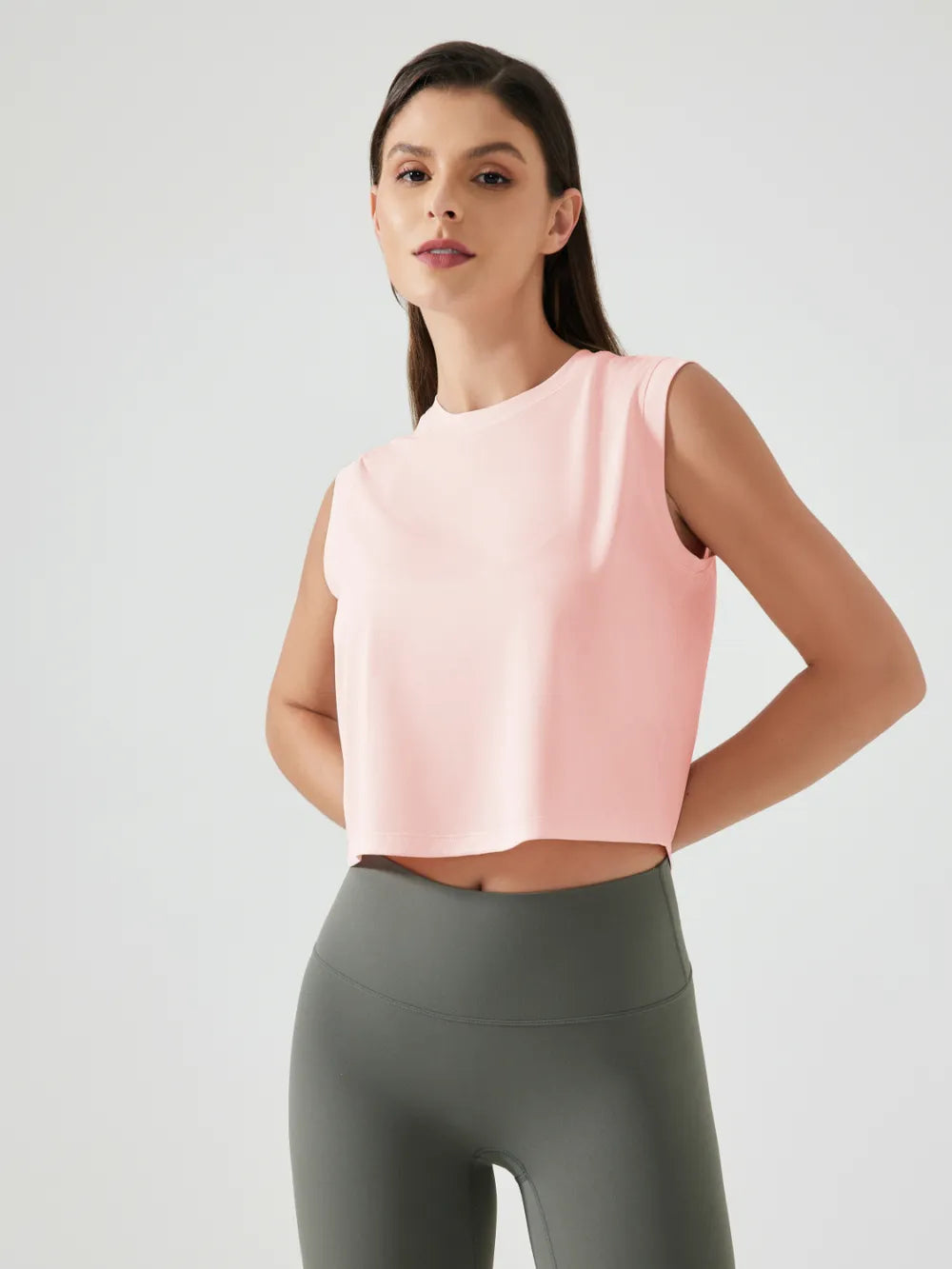 Millennia cropped active tank, sleeveless with round neck, watermelon pink.