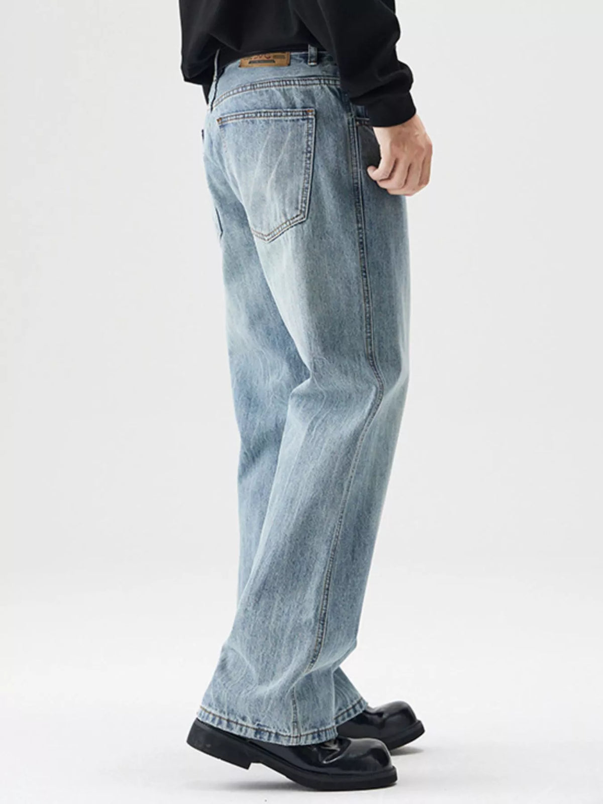 Washed stretch relaxed cotton jeans, light blue, back patch pockets, relaxed fit