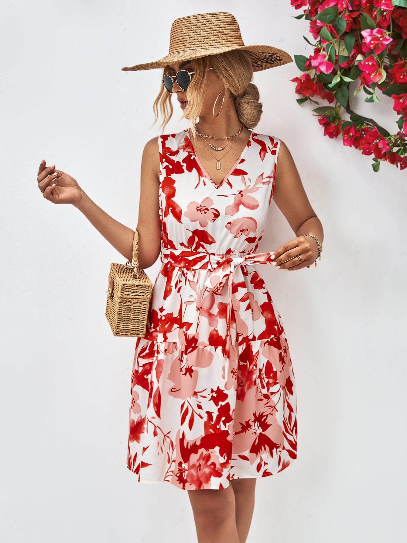 Floral V-neck sleeveless tie-waist dress, red floral print, ruched tie at waist