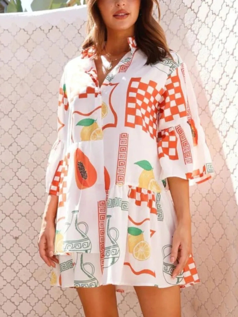 Printed mini dress with three-quarter sleeves, white with orange check and multicolor fruit and tile print