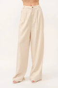 High-rise wide-leg linen-blend pants in oatmeal, relaxed straight legs