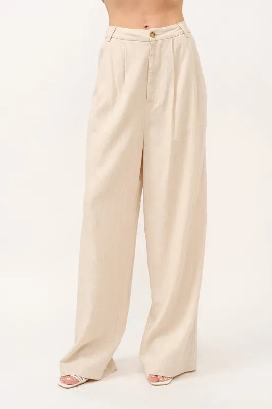 High-rise wide-leg linen-blend pants in oatmeal, relaxed straight legs