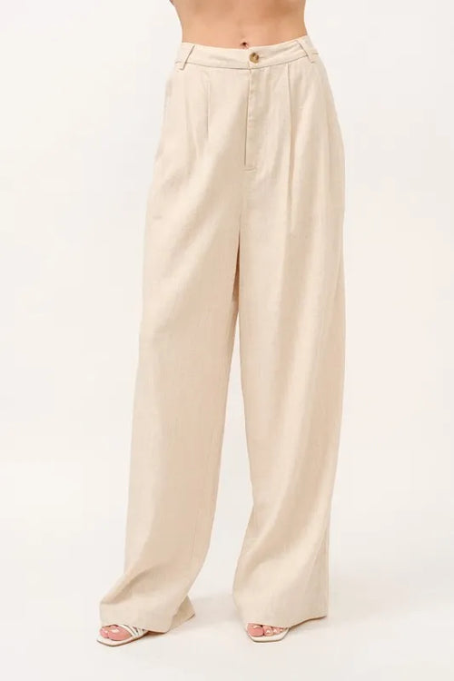 High-rise wide-leg linen-blend pants in oatmeal, relaxed straight legs