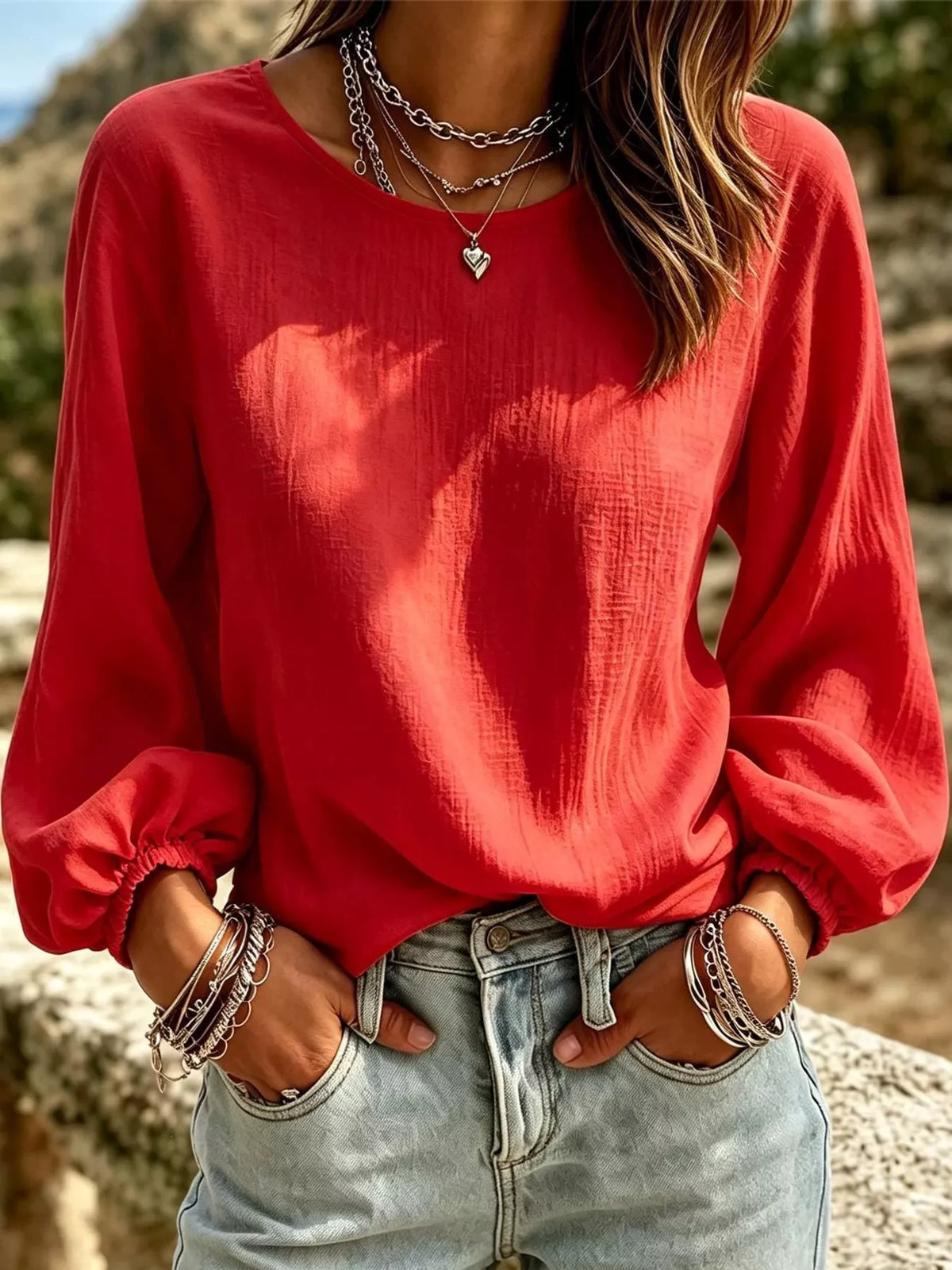 Relaxed fit long sleeve blouse in red, gathered elastic cuff sleeves