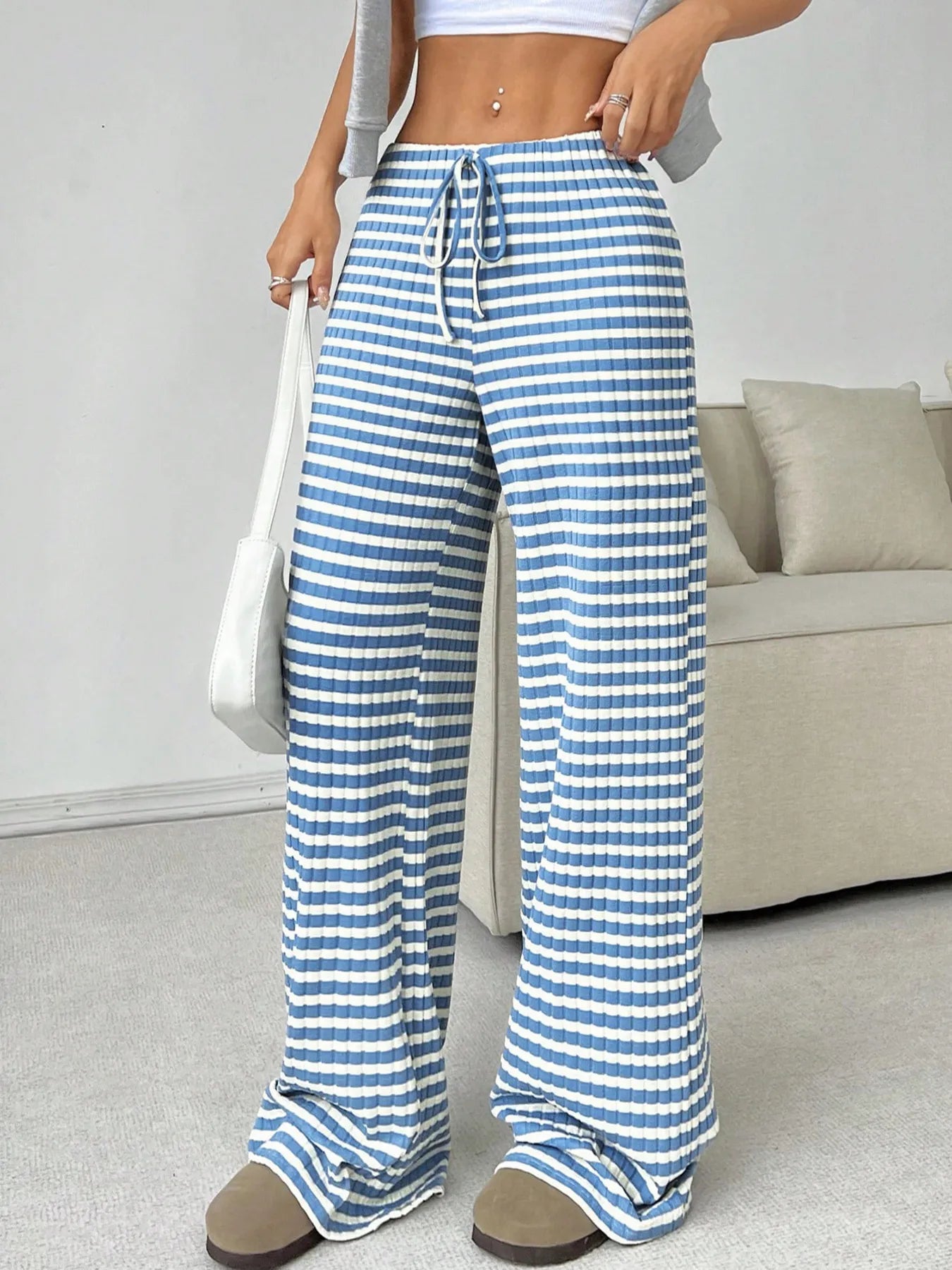 Striped wide-leg drawstring pants, blue and white stripes, drawstring waist