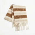 Fringe striped polyester scarf in cream and brown, horizontal stripes, long tassels.