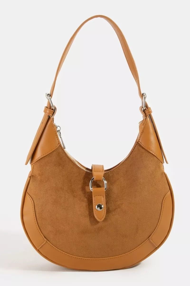 Fame Leather Accent Suede Crescent Shoulder Bag, tan suede body with tan leather trim by Trendsi