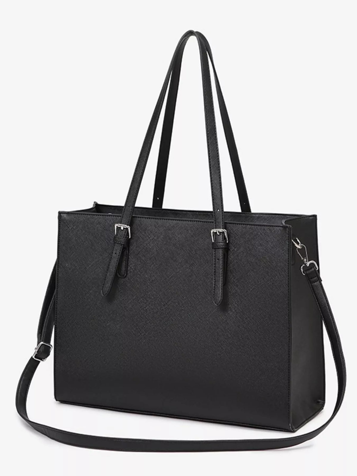 Black large tote bag with dual top handles and side crossbody strap; open top.