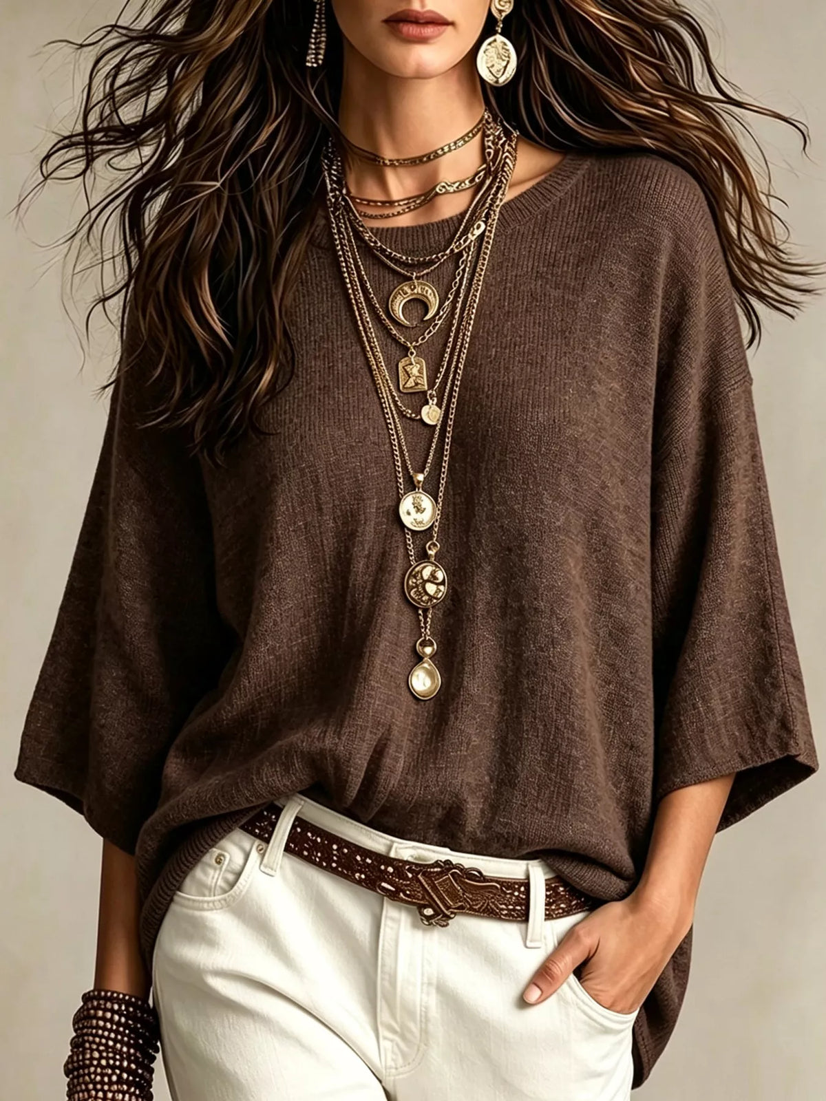 Brown round-neck 3/4 sleeve knit top with relaxed, slightly draped fit
