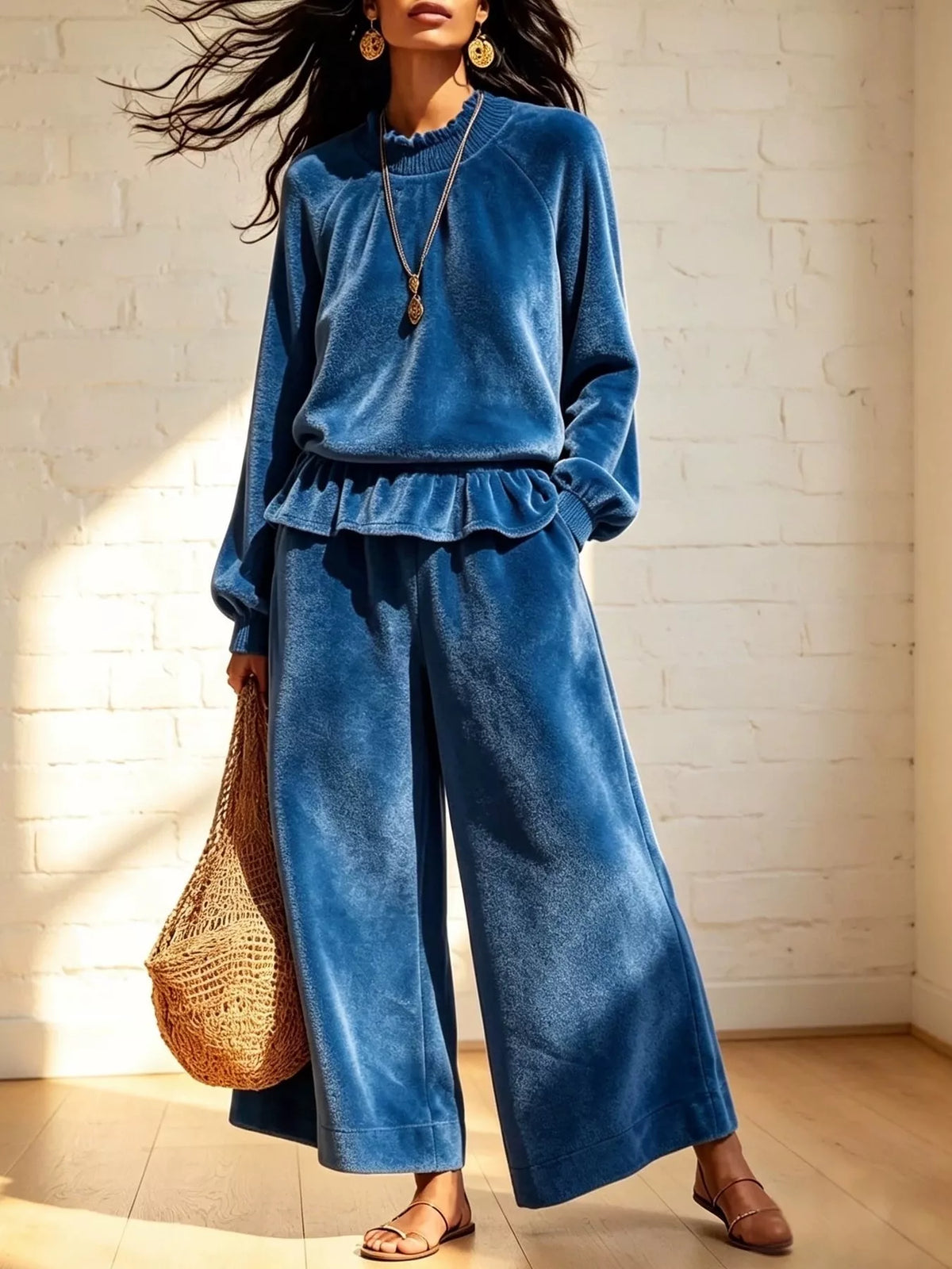 Blue velvet ruffled peplum top and wide-leg pants set, long sleeves