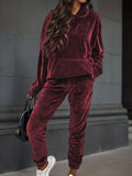 Wine red velvet long-sleeve hoodie and jogger pants set, cuffed sleeves and tapered legs