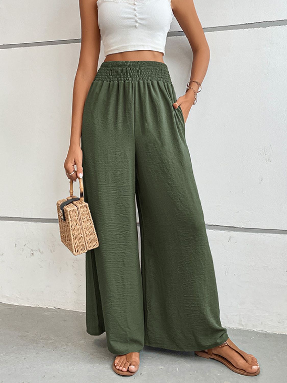 Olive green wide-leg long pants with elastic waistband and relaxed fit