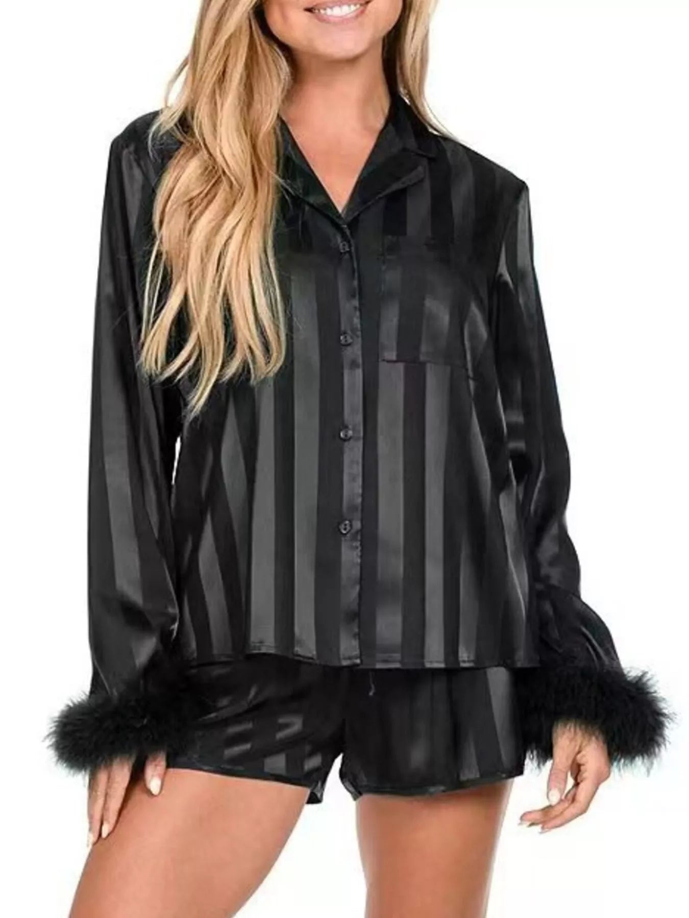 Black striped satin shirt and shorts lounge set with feather-trim cuffs